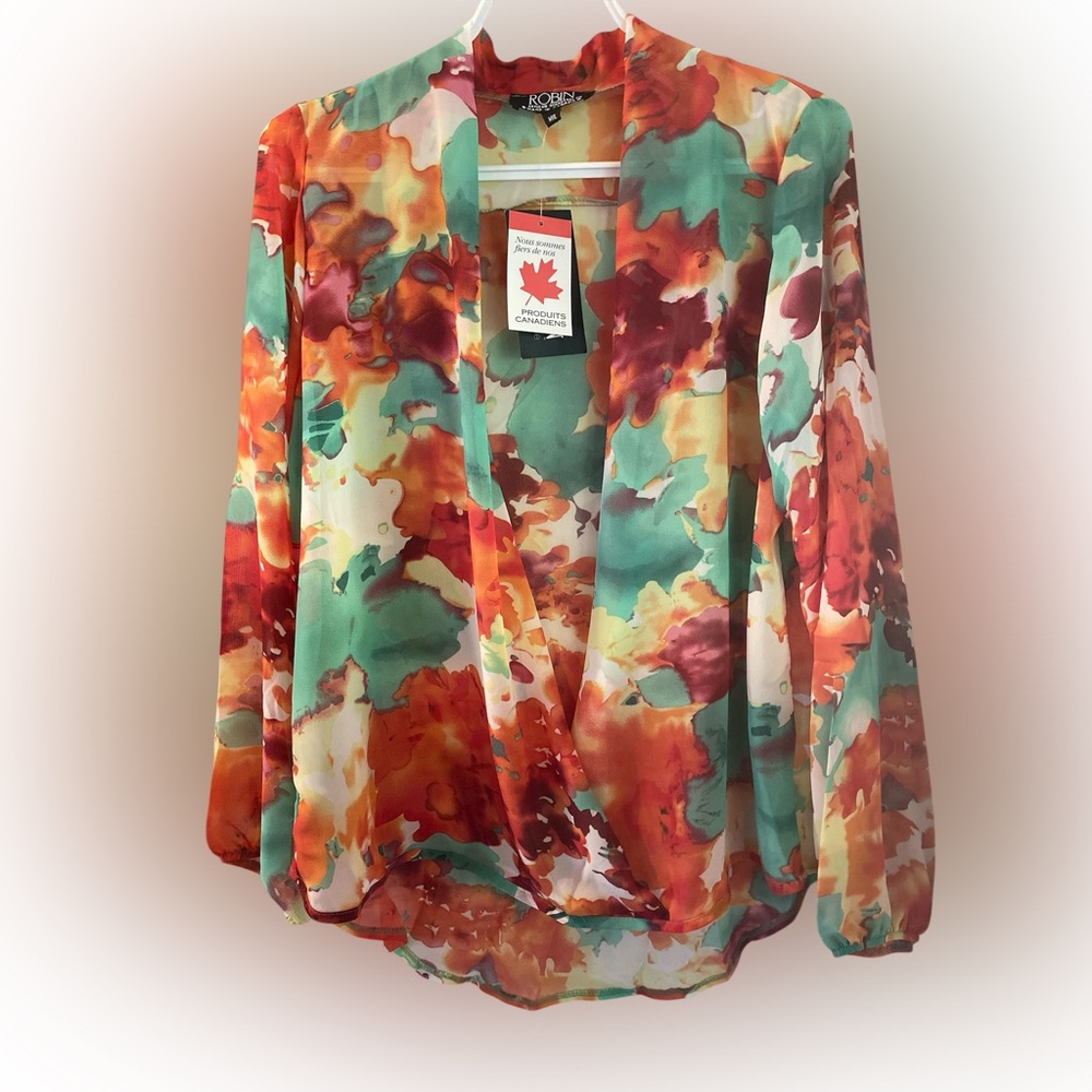 Blouse Crossover Style Sheer Elegant Romantic Watercolour Size Medium
